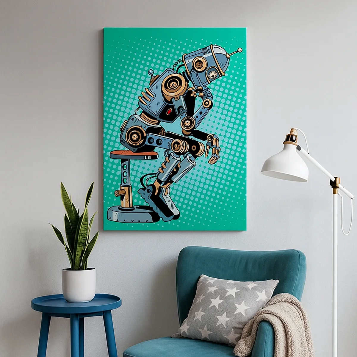 Obraz na płótnie - Robot w stylu retro w pozycji myśliciela na turkusowym tle - 50x70cm - Nad istotą bytu - Nowoczesna dekoracja ścienna do salonu, kuchni i sypialni ARTTOR