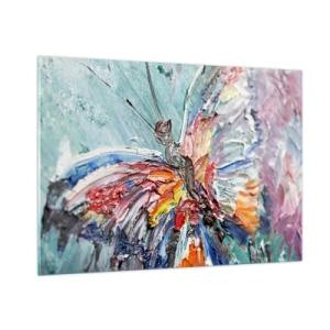 Obraz na szkle - Kolorowy motyl w abstrakcyjnym stylu na błękitnym tle - 100x70cm - Pomalowany przez naturę - Nowoczesna dekoracja ścienna do salonu, kuchni i sypialni ARTTOR