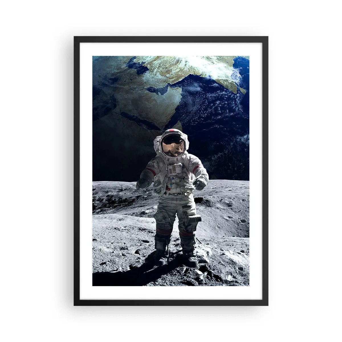Plakat w czarnej ramie - Astronauta na powierzchni księżyca - 50x70cm - Pozdrowienia z Księżyca - Nowoczesna dekoracja ścienna do salonu i sypialni ARTTOR