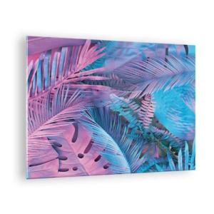 Obraz na szkle - Tropikalne liście w odcieniach różu i błękitu na tle neonowym - 70x50cm - Tropiki w różu i błękicie - Nowoczesna dekoracja ścienna do salonu i sypialni ARTTOR