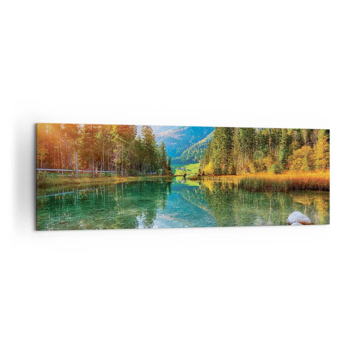 Obraz na płótnie - Malownicze jezioro w otoczeniu gór i lasów - 160x50cm - Łagodność jesieni - Nowoczesna dekoracja ścienna do salonu i sypialni ARTTOR