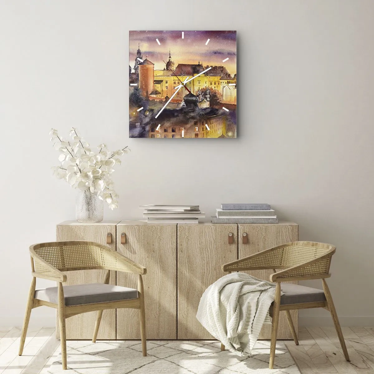 Zegar ścienny - Malowniczy obraz zamku o zachodzie słońca w akwarelowym stylu - 30x30cm - Historia i baśń - Nowoczesna dekoracja ścienna do salonu i sypialni ARTTOR
