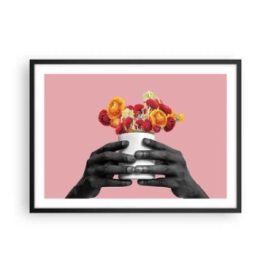 Plakat w czarnej ramie - Dłonie trzymające bukiet kolorowych kwiatów - 70x50cm - Apoteoza życia - Nowoczesna dekoracja ścienna do salonu i sypialni ARTTOR