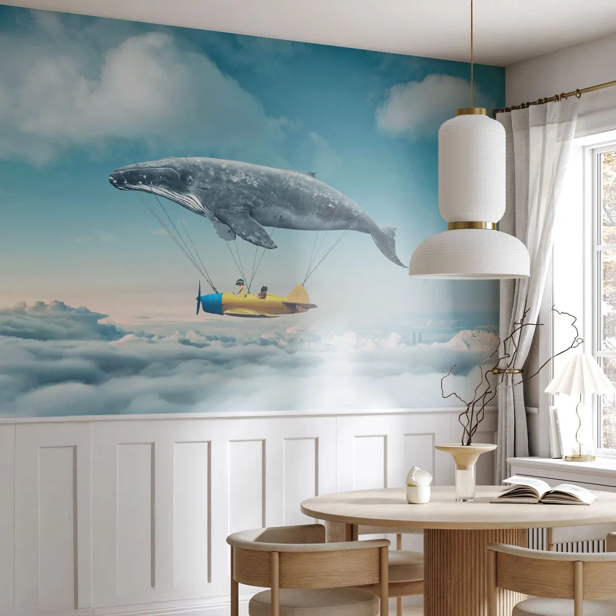 Fototapeta Samoprzylepna Deluxe Sticker - Dlaczego nie? - Wieloryb, Dzieci, Samolot - 250x175 cm