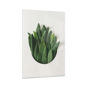 Obraz na szkle - Kompozycja zielonych liści na jasnym tle - 70x100cm - Nieposkromiona ciekawość - Nowoczesna dekoracja ścienna do salonu i sypialni ARTTOR
