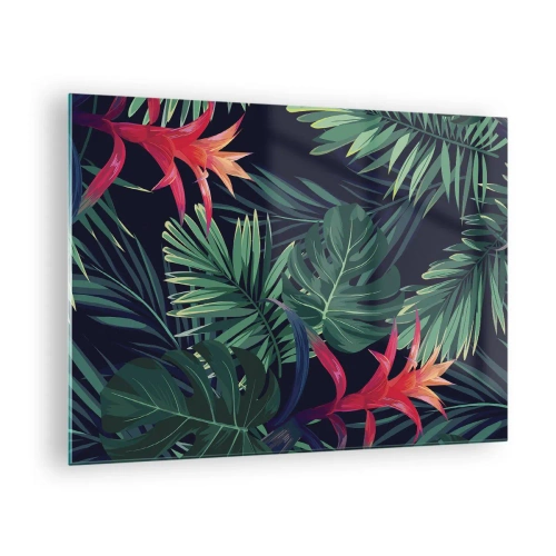 Obraz na szkle - Egzotyczne liście i kwiaty na ciemnym tle - 70x50cm - Zapłonąć w zieleni - Nowoczesna dekoracja ścienna do salonu i sypialni ARTTOR
