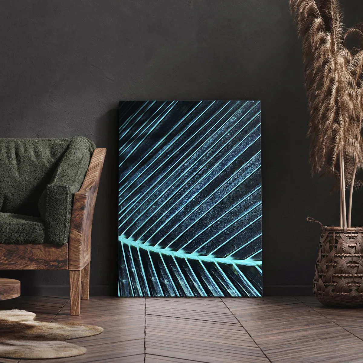 Obraz na płótnie - Makrofotografia liścia w odcieniach turkusu i granatu - 80x120cm - Faktura zieleni - Nowoczesna dekoracja ścienna do salonu i sypialni ARTTOR