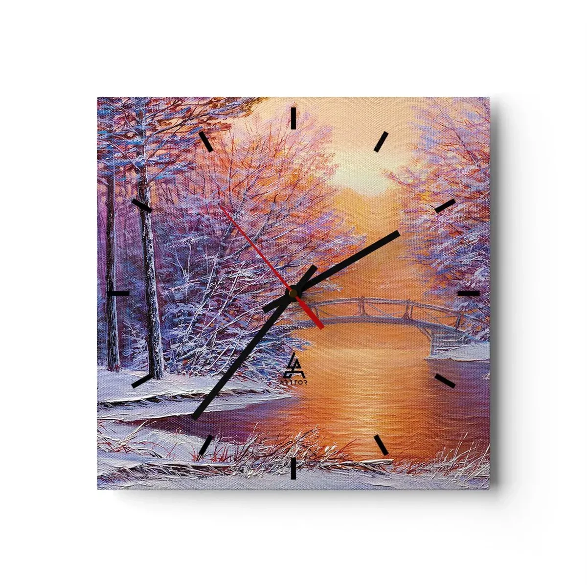 Zegar ścienny - Zimowy krajobraz z mostkiem i zachodem słońca - 30x30cm - Spotkajmy się tu - Nowoczesna dekoracja ścienna do salonu i sypialni ARTTOR