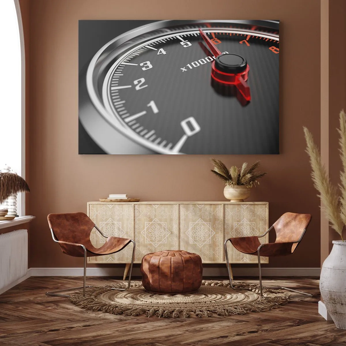 Obraz na płótnie - Zbliżenie na obrotomierz z czerwoną wskazówką - 100x70cm - Gaz do dechy - Nowoczesna dekoracja ścienna do salonu, kuchni i sypialni ARTTOR