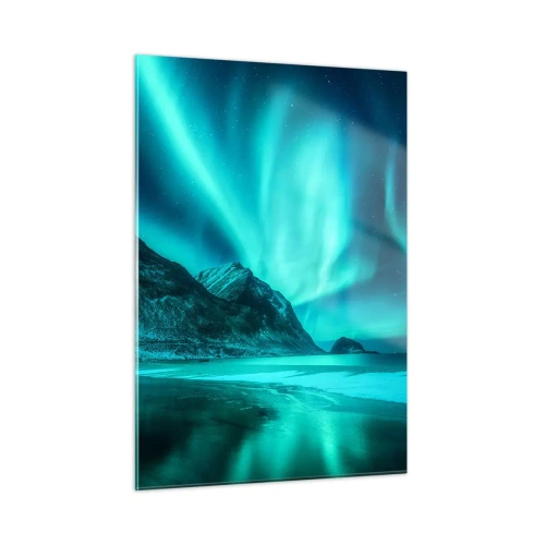 Obraz na szkle - Zorza polarna nad górskim krajobrazem i zamarzniętym morzem - 50x70cm - Cuda północy - Nowoczesna dekoracja ścienna do salonu, kuchni i sypialni ARTTOR