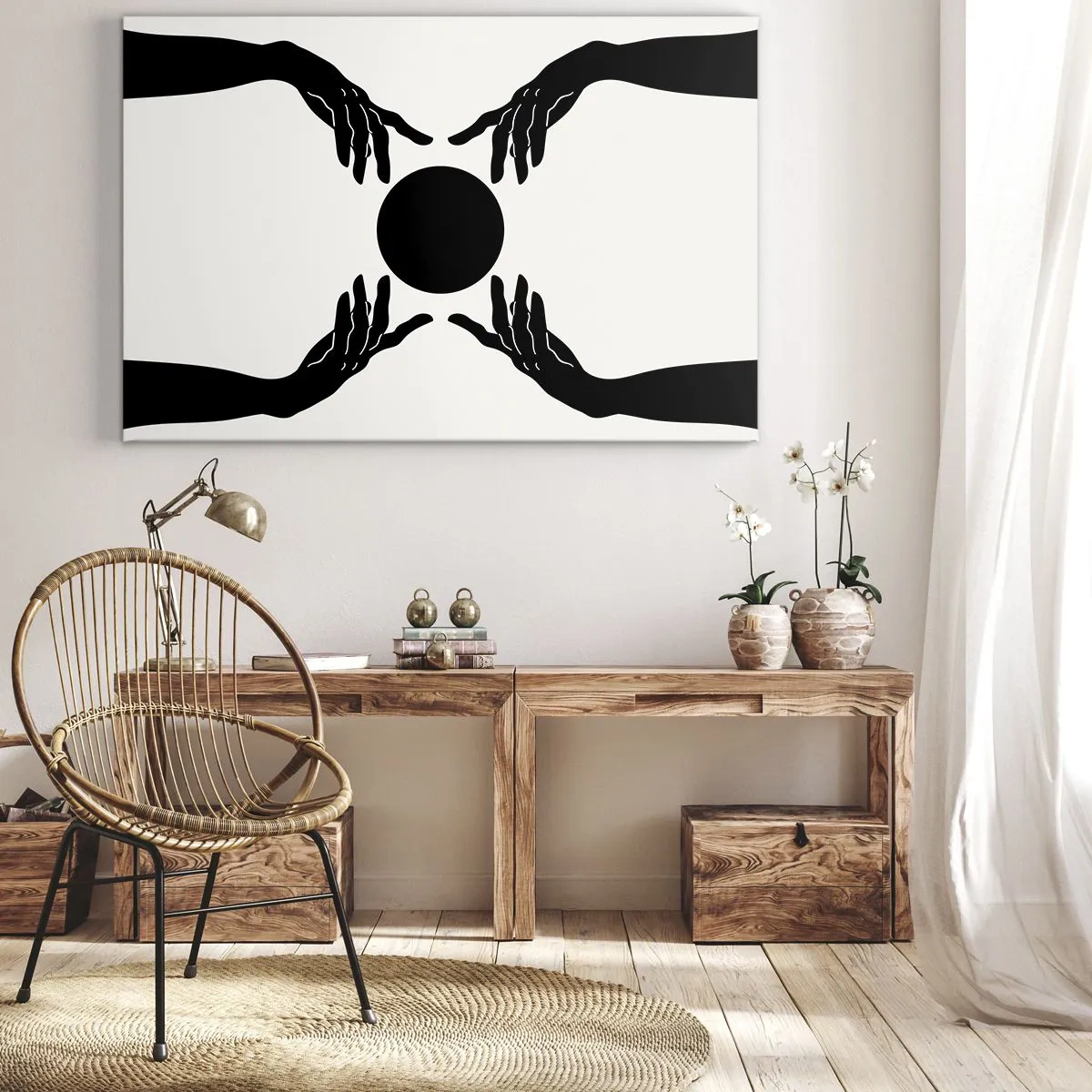 Obraz na płótnie - Czarne dłonie w symetrycznej kompozycji z kulą - 70x50cm - Tajemny znak - Nowoczesna dekoracja ścienna do salonu i sypialni ARTTOR