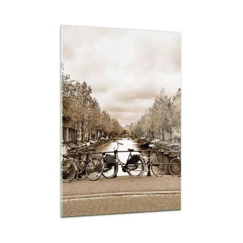 Obraz na szkle - Most w Amsterdamie z rowerami w stylu retro - 50x70cm - Holenderskie klimaty - Nowoczesna dekoracja ścienna do salonu, kuchni i sypialni ARTTOR