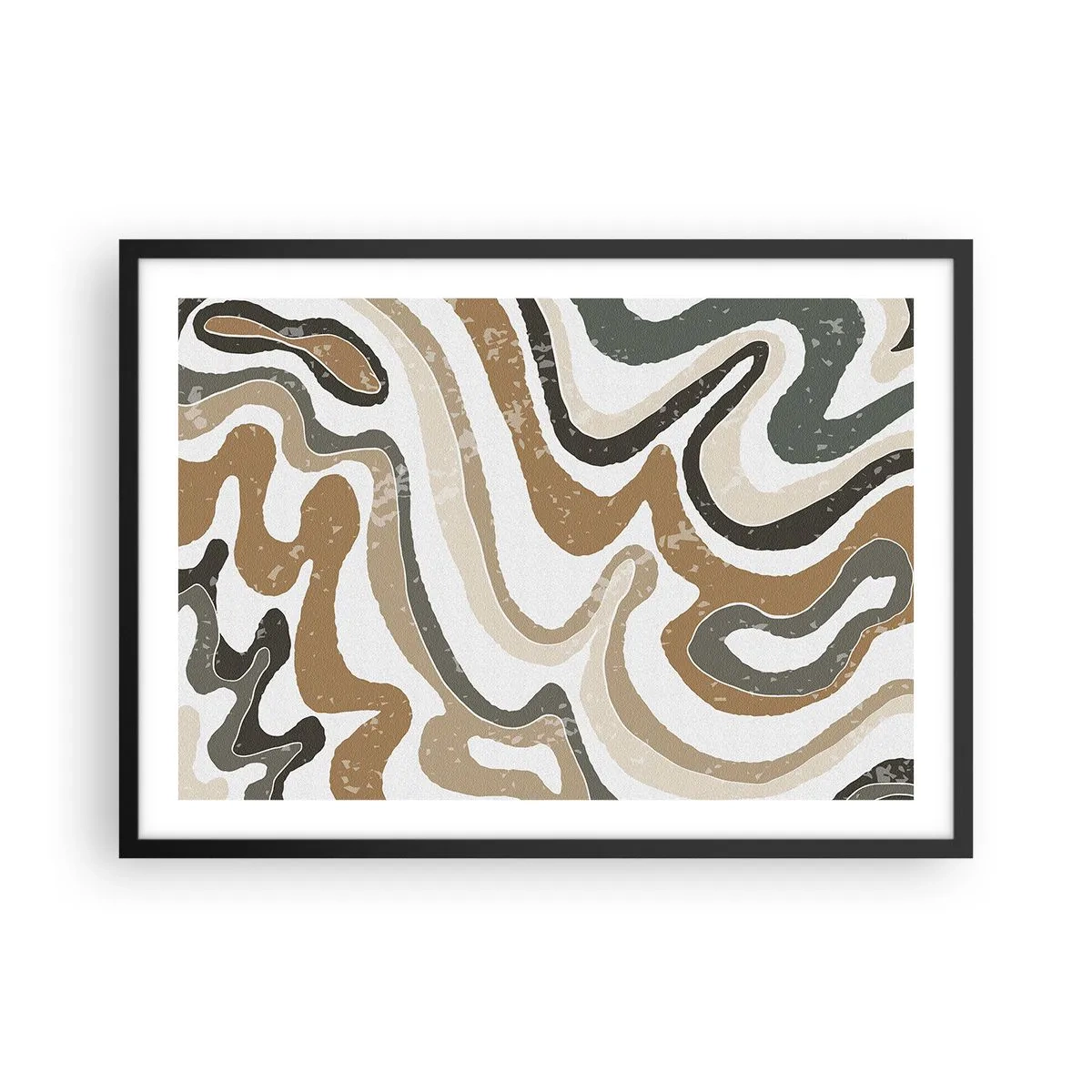 Plakat w czarnej ramie - Ziemiste wzory w odcieniach brązu i zieleni - 70x50cm - Meandry barw ziemi - Nowoczesna dekoracja ścienna do salonu i sypialni ARTTOR