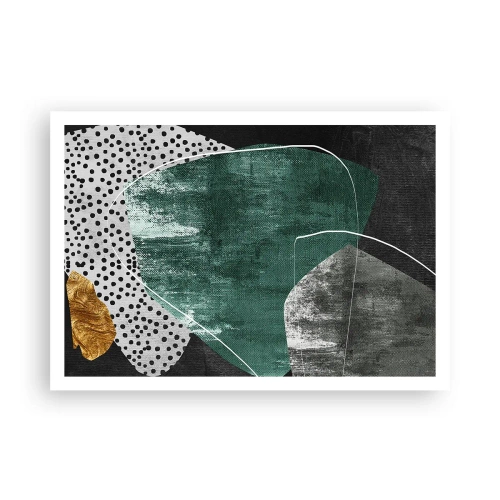 Plakat - Abstrakcyjna kompozycja z zielonymi kształtami i wzorami kropek - 100x70cm - Barwna abstrakcja z płatkiem złota - Nowoczesna dekoracja ścienna do salonu i sypialni ARTTOR
