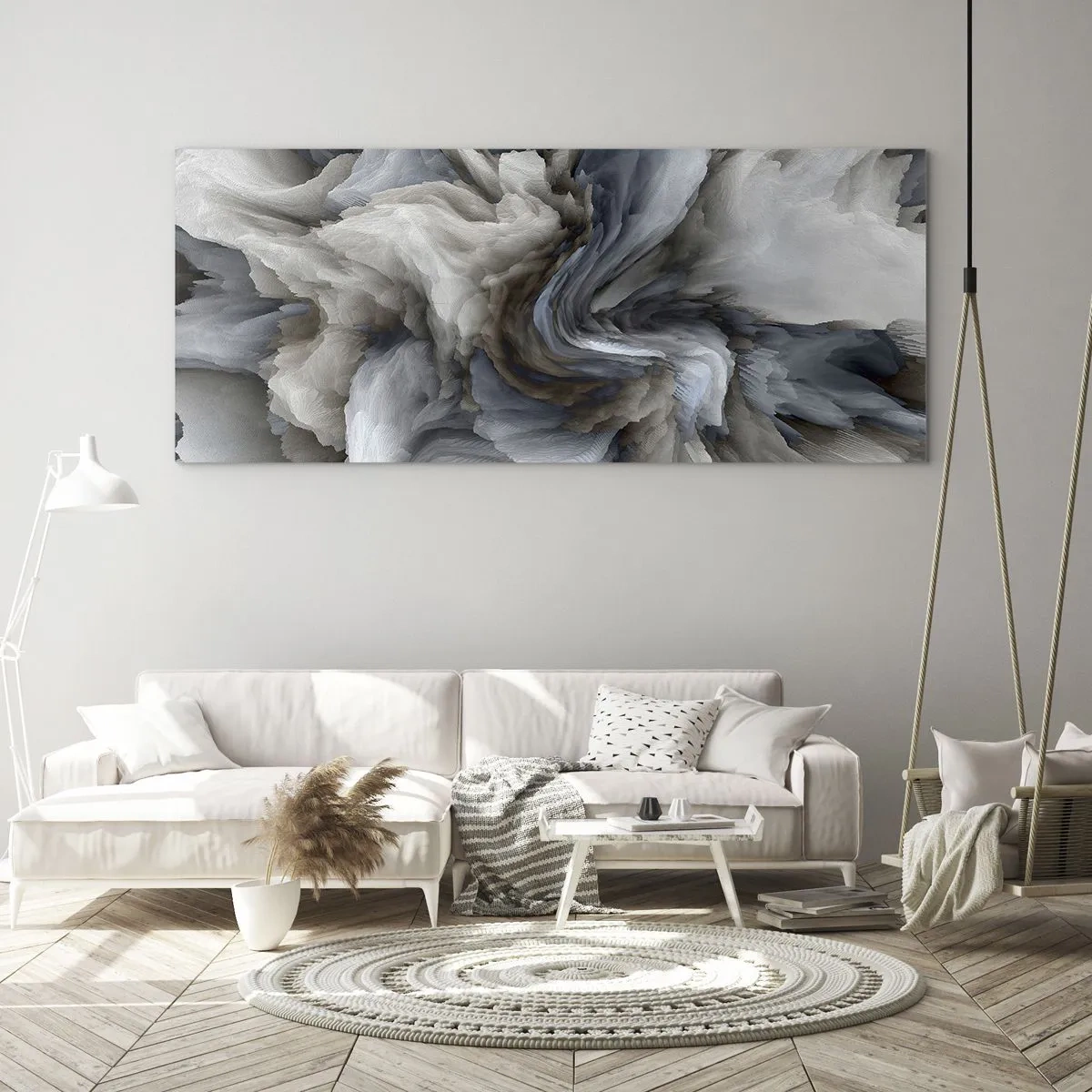 Obraz na szkle - Abstrakcyjny wir w odcieniach szarości i błękitu - 120x50cm - Kamień i kwiat - Nowoczesna dekoracja ścienna do salonu i sypialni ARTTOR