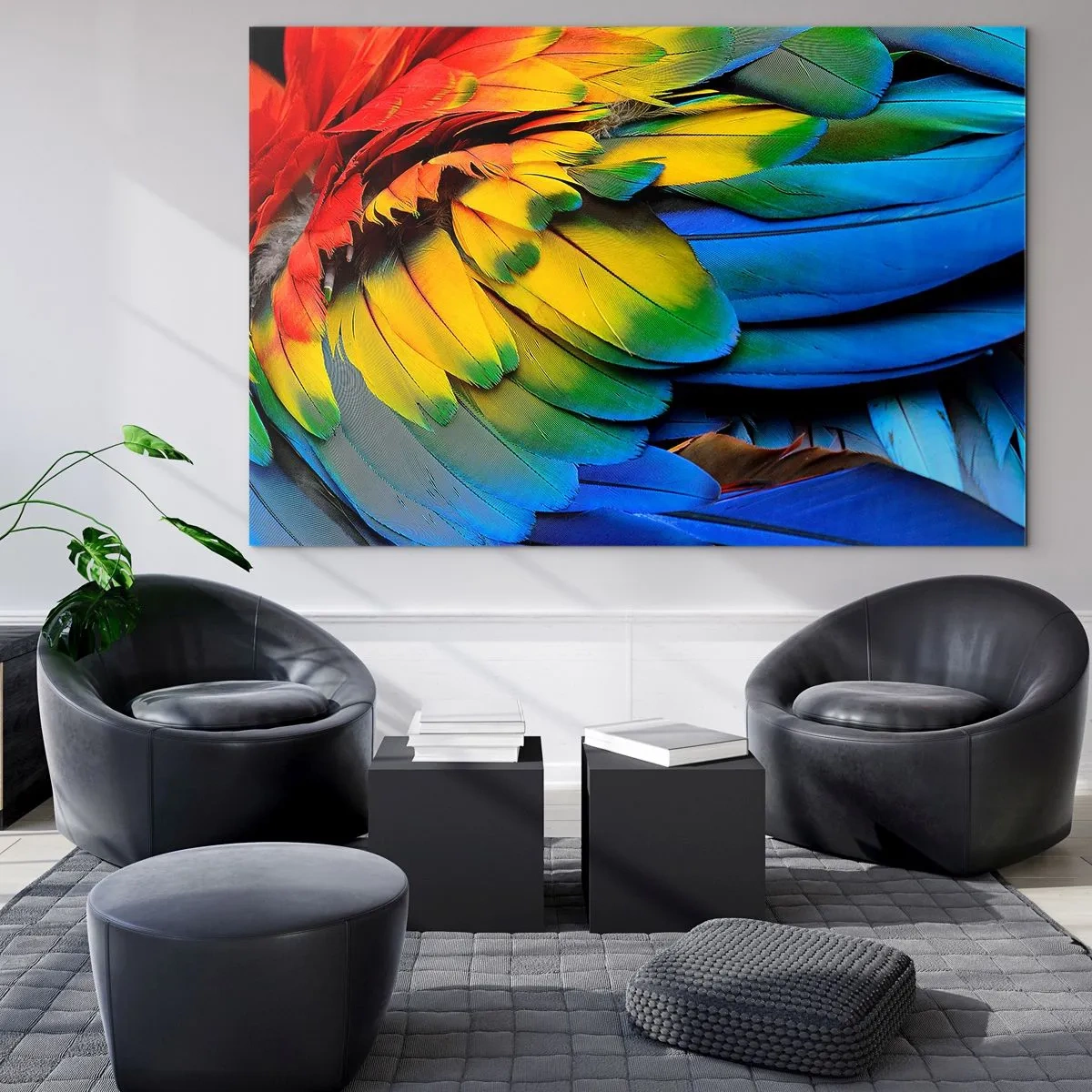 Obraz na szkle - Kolorowe pióra papugi w intensywnych barwach tęczy - 70x50cm - Rajski ptak - Nowoczesna dekoracja ścienna do salonu i sypialni ARTTOR