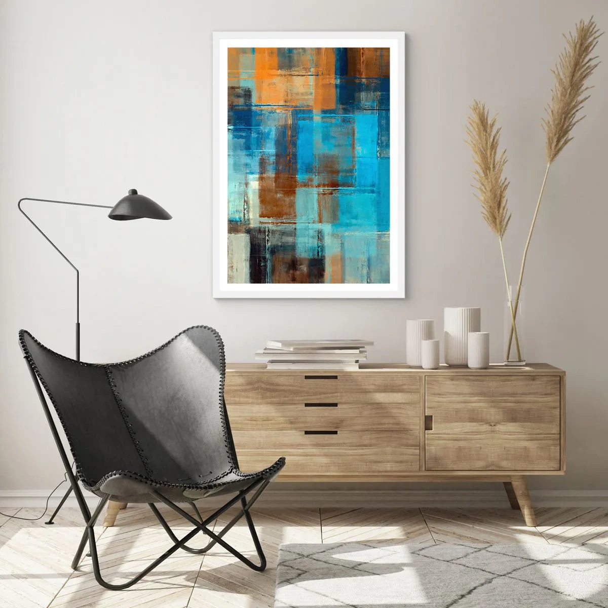 Plakat w białej ramie - Przez błękitną zasłonę - 70x100 cm