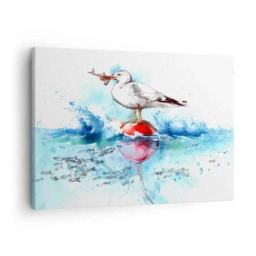 Obraz na płótnie - Mewa na boi z rybami w tle w akwarelowym stylu - 70x50cm - Udany połów - Nowoczesna dekoracja ścienna do salonu i sypialni ARTTOR