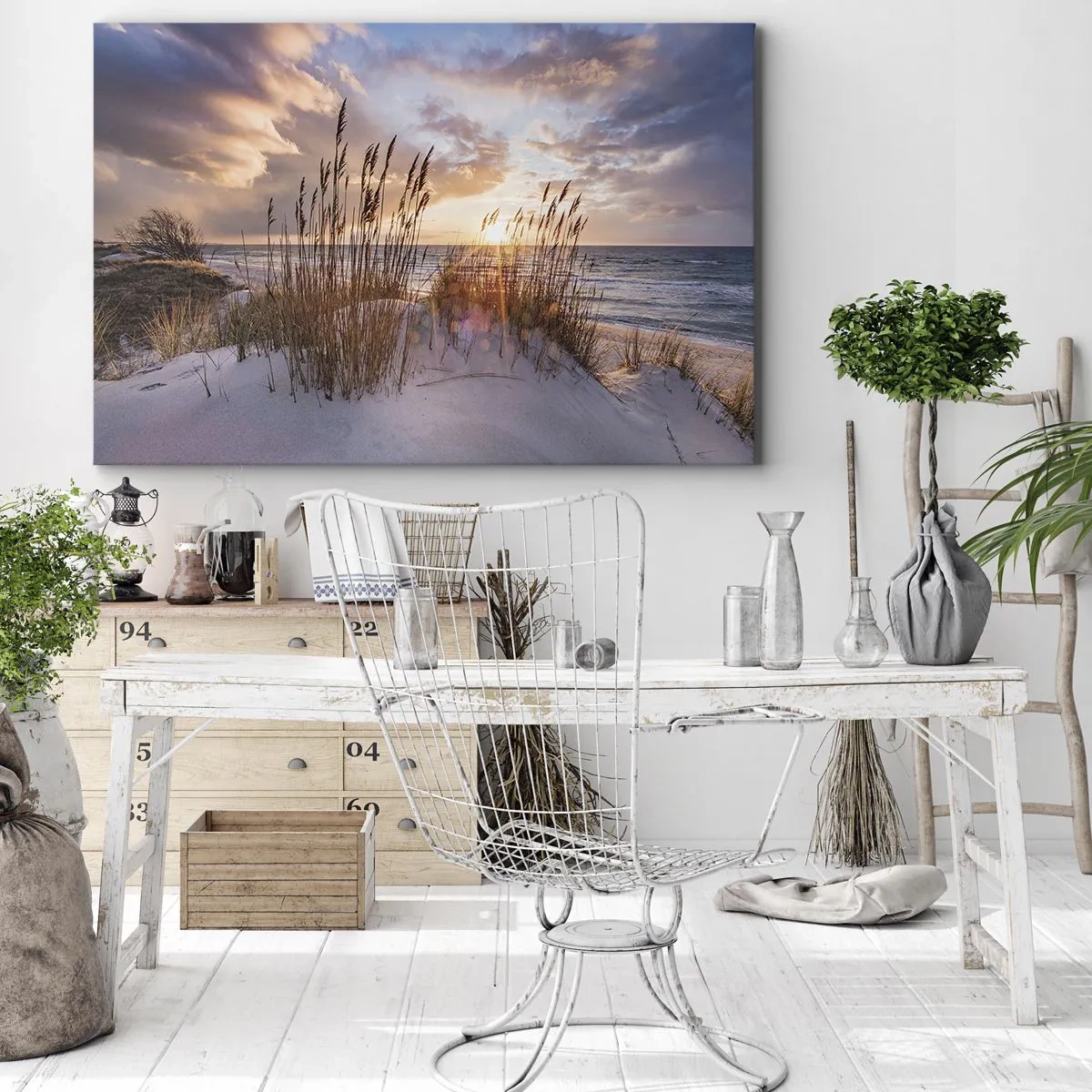 Obraz na płótnie - Wydmy z trawami na tle zachodzącego słońca - 70x50cm - Pożegnanie słońca i wiatru - Nowoczesna dekoracja ścienna do salonu i sypialni ARTTOR