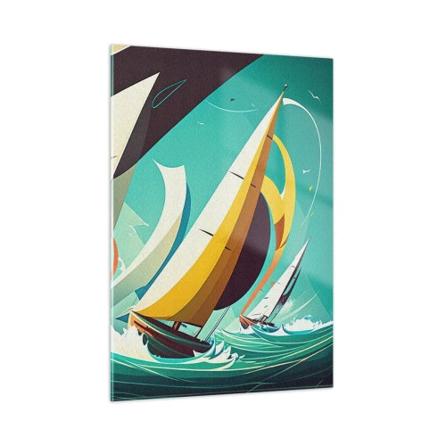 Obraz na szkle - Ilustracja żaglówek na wzburzonym morzu w stylu retro - 50x70cm - Z żywiołami za pan brat - Nowoczesna dekoracja ścienna do salonu, kuchni i sypialni ARTTOR