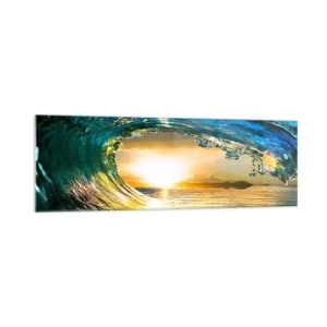 Obraz na szkle - Fala oceaniczna w słońcu z widokiem na horyzont - 160x50cm - W szmaragdowo-złotym krysztale - Nowoczesna dekoracja ścienna do salonu i sypialni ARTTOR
