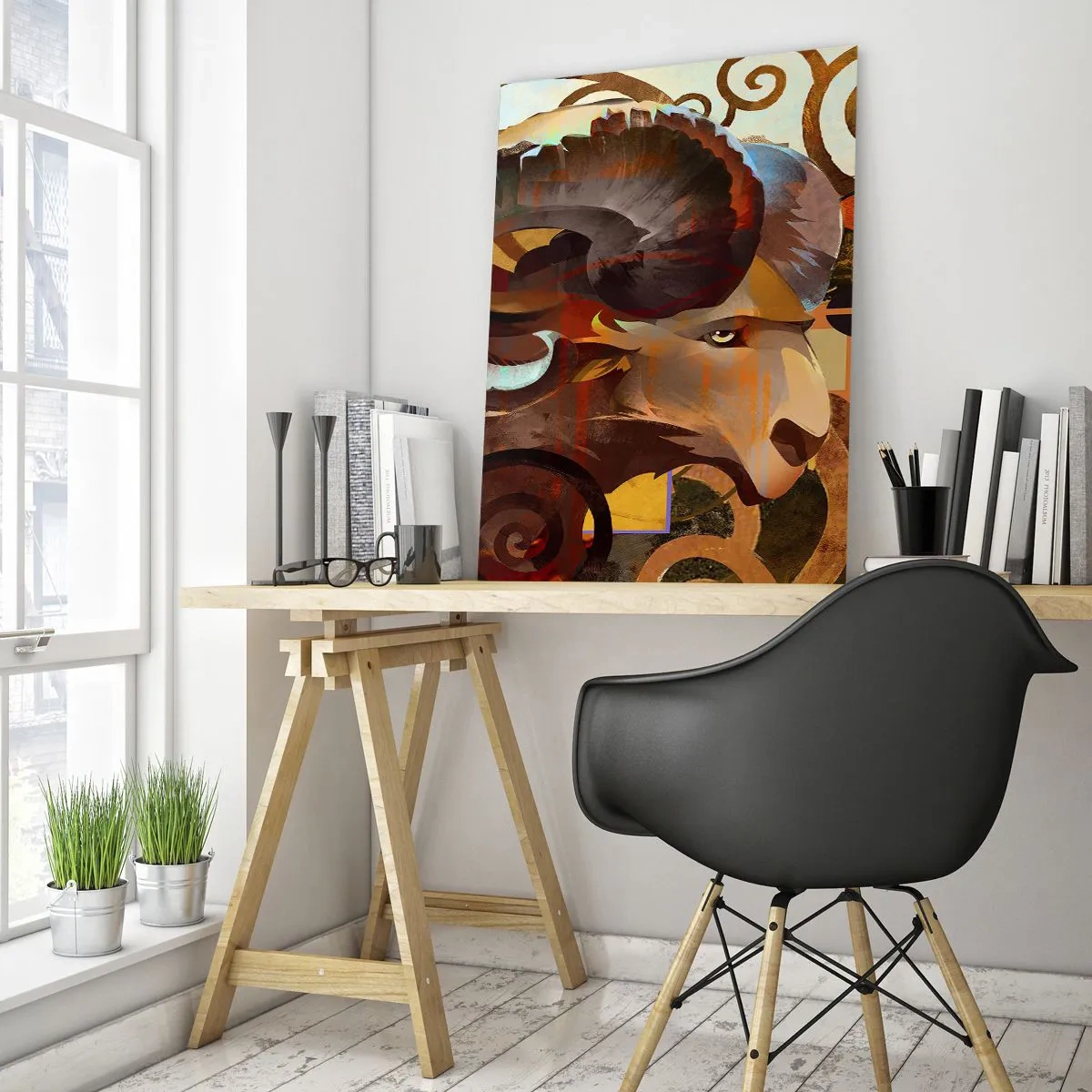 Obraz na szkle - Symboliczny baran w abstrakcyjnej kompozycji - 70x100cm - Magie - religie - rytuały - Nowoczesna dekoracja ścienna do salonu i sypialni ARTTOR