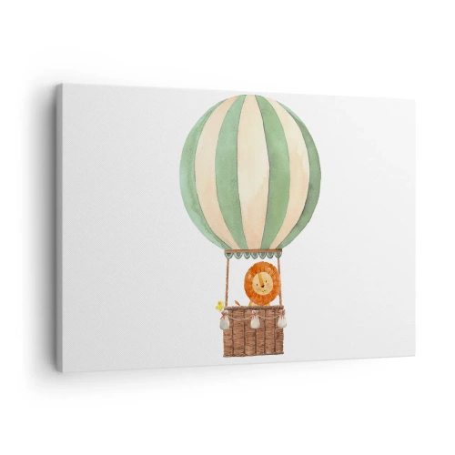 Obraz na płótnie - Balon z uśmiechniętym lwem w koszu w pastelowych barwach - 70x50cm - Podróże Leona - Nowoczesna dekoracja ścienna do salonu i sypialni ARTTOR
