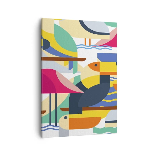 Obraz na płótnie - Abstrakcyjna ilustracja kolorowych ptaków w geometrycznej kompozycji - 50x70cm - Ptasie party - Nowoczesna dekoracja ścienna do salonu, kuchni i sypialni ARTTOR