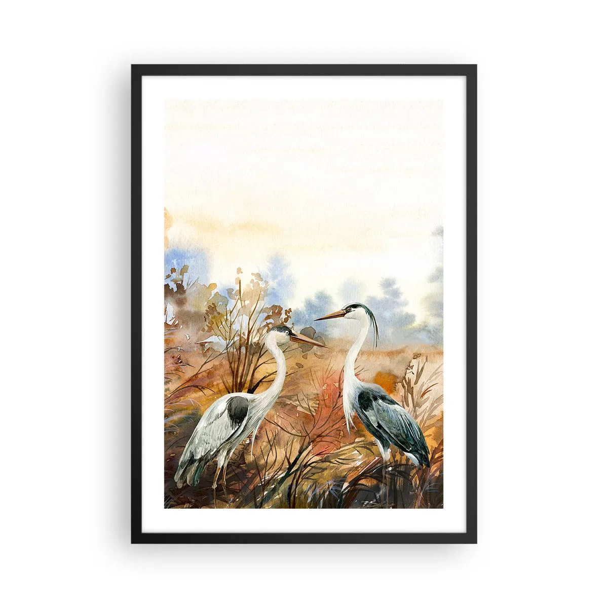 Plakat w czarnej ramie - Żurawie na tle jesiennego pejzażu w akwareli - 50x70cm - Dokąd jesienią? - Nowoczesna dekoracja ścienna do salonu i sypialni ARTTOR