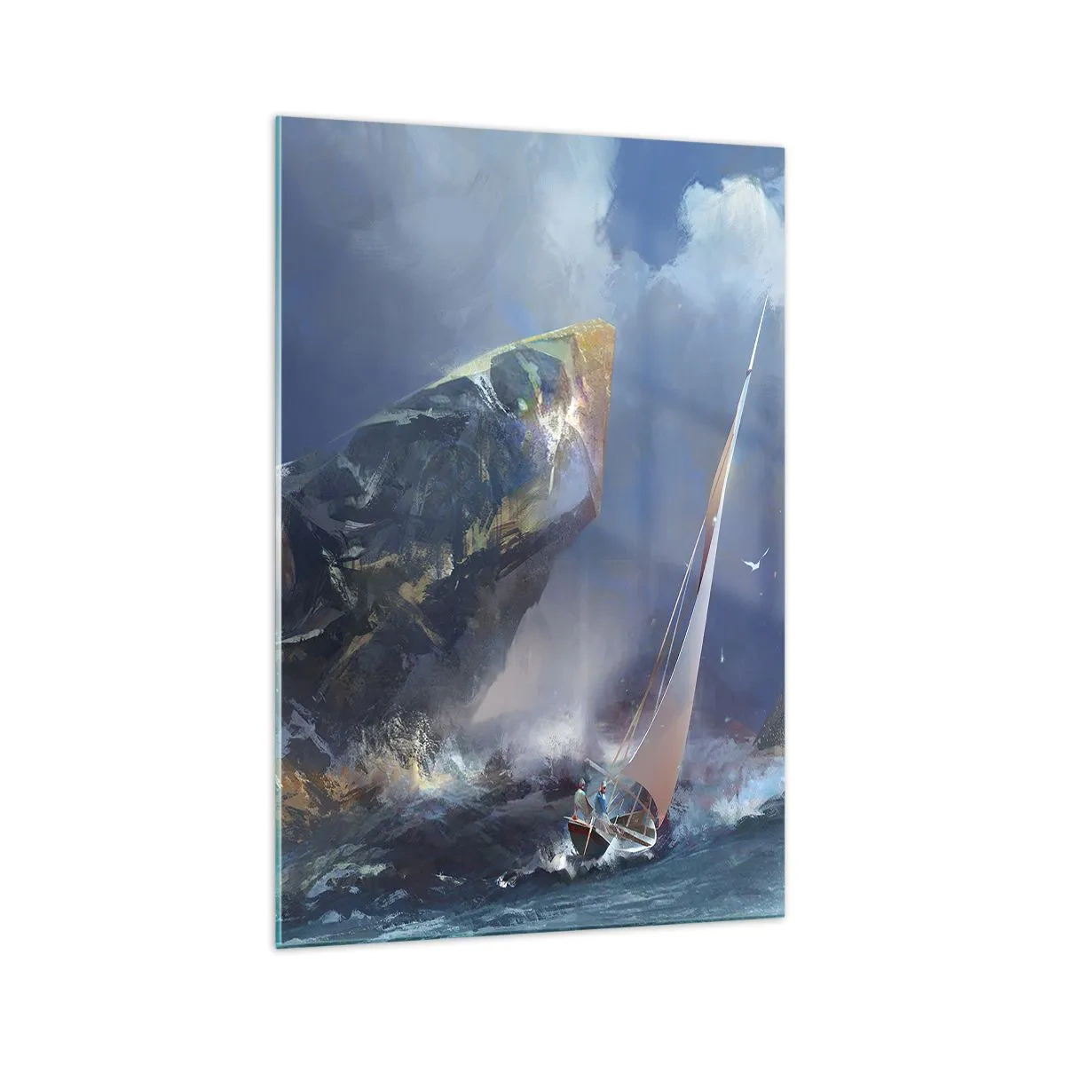 Obraz na szkle - Żaglówka w sztormie u stóp potężnej skały - 70x100cm - Kto ma odwagę, wygrywa - Nowoczesna dekoracja ścienna do salonu i sypialni ARTTOR