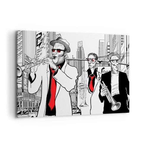 Obraz na płótnie - Ilustracja muzyków jazzowych na tle miejskiej scenerii - 100x70cm - Miejska rapsodia w czerni i czerwieni - Nowoczesna dekoracja ścienna do salonu, kuchni i sypialni ARTTOR