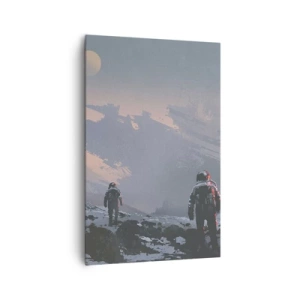 Obraz na płótnie - Astronauci na obcej planecie z wrakiem statku kosmicznego - 80x120cm - Pod nieznaną gwiazdą - Nowoczesna dekoracja ścienna do salonu i sypialni ARTTOR