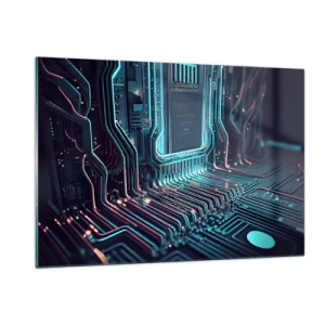 Obraz na szkle - Neonowa wizualizacja ścieżek procesora na czarnym tle - 120x80cm - Tak sobie myślę… - Nowoczesna dekoracja ścienna do salonu, kuchni i sypialni ARTTOR