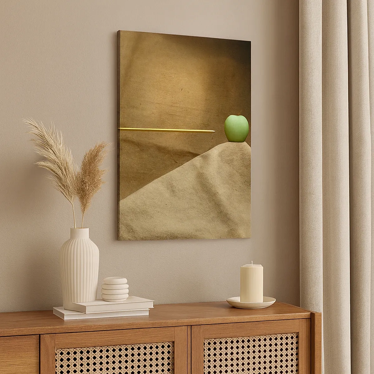 Obraz na płótnie - Zielone jabłko i strzała na tle płótna - 50x70cm - Przywołać ducha Wilhelma Tella - Nowoczesna dekoracja ścienna do salonu, kuchni i sypialni ARTTOR