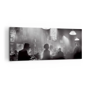 Obraz na płótnie - Czarno-biała scena jazzowego klubu nocnego - 120x50cm - W jazzowym klimacie - Nowoczesna dekoracja ścienna do salonu i sypialni ARTTOR