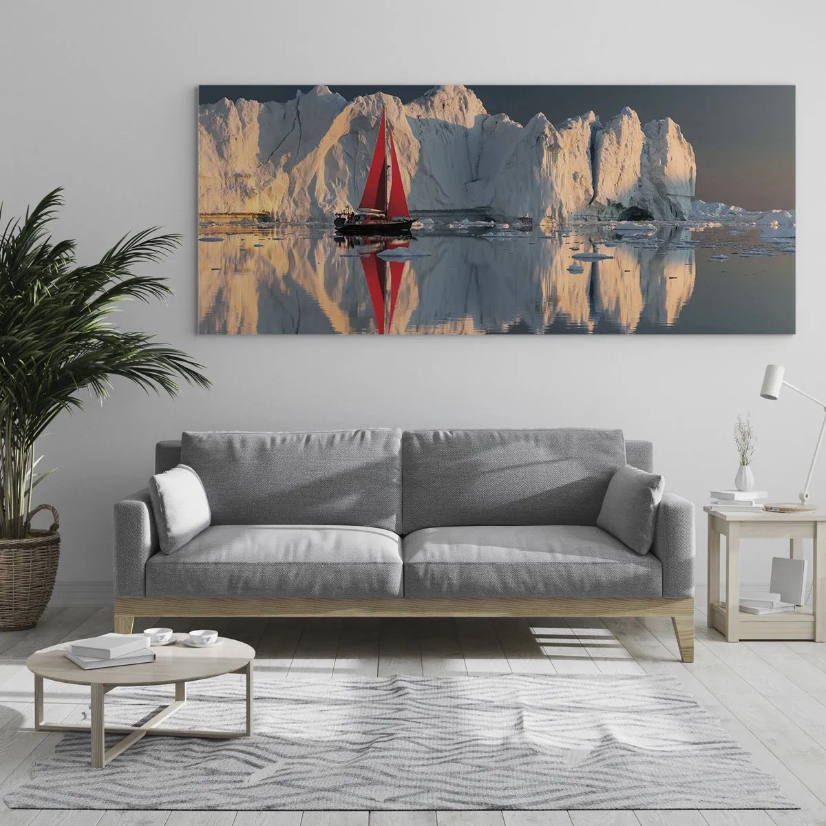 Obraz na szkle - Żaglówka z czerwonym żaglem na tle lodowca - 120x50cm - Na krańcu świata - Nowoczesna dekoracja ścienna do salonu i sypialni ARTTOR