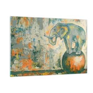 Obraz na szkle - Abstrakcyjny słoń balansujący na kuli - 120x80cm - Niech żyje cyrk! - Nowoczesna dekoracja ścienna do salonu, kuchni i sypialni ARTTOR