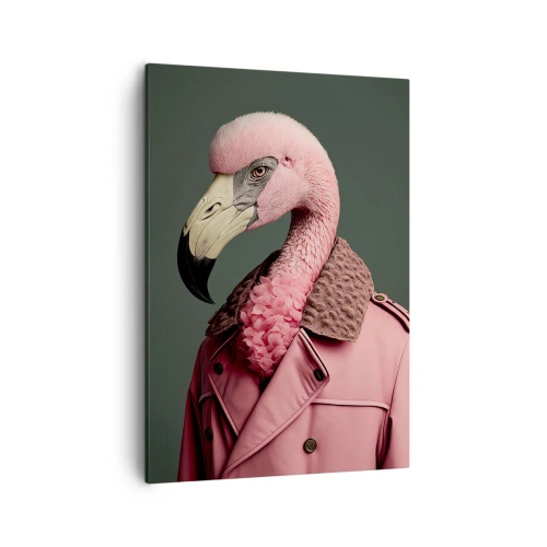 Obraz na płótnie - Stylizowany flaming w różowym płaszczu na zielonym tle - 50x70cm - Prawdziwy elegant - Nowoczesna dekoracja ścienna do salonu, kuchni i sypialni ARTTOR