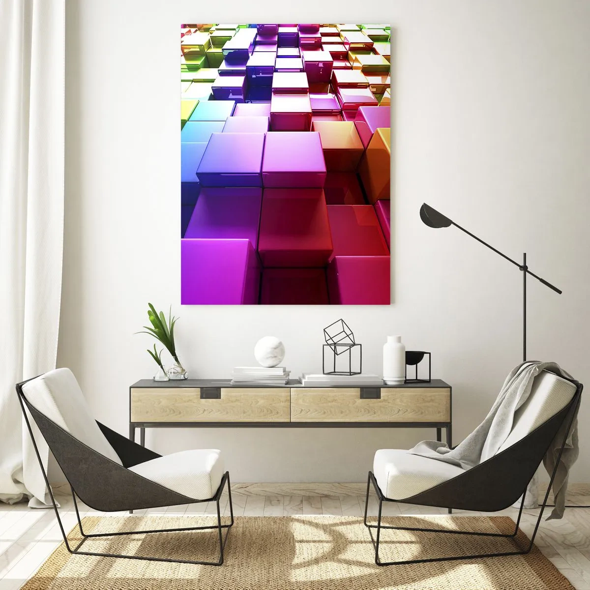 Obraz na szkle - Kolorowe geometryczne kostki 3D - 80x120cm - Op-artowe wespół w zespół - Nowoczesna dekoracja ścienna do salonu i sypialni ARTTOR