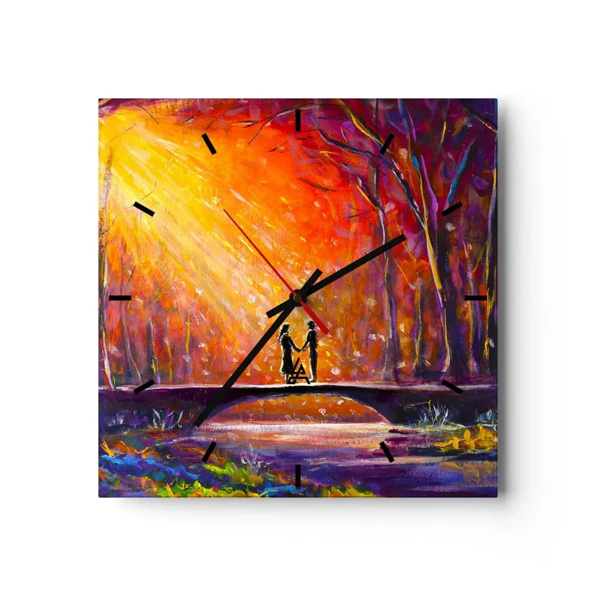 Zegar ścienny - Romantyczna para na moście w jesiennym lesie - 30x30cm - Niebo ich też kocha - Nowoczesna dekoracja ścienna do salonu i sypialni ARTTOR