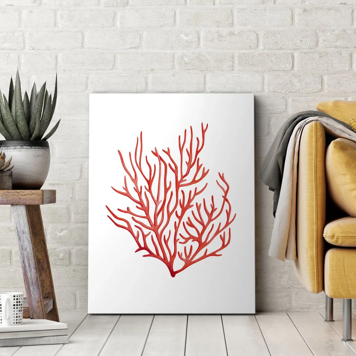 Obraz na płótnie - Minimalistyczna ilustracja czerwonego koralowca na białym tle - 50x70cm - Koralowy filigran - Nowoczesna dekoracja ścienna do salonu, kuchni i sypialni ARTTOR
