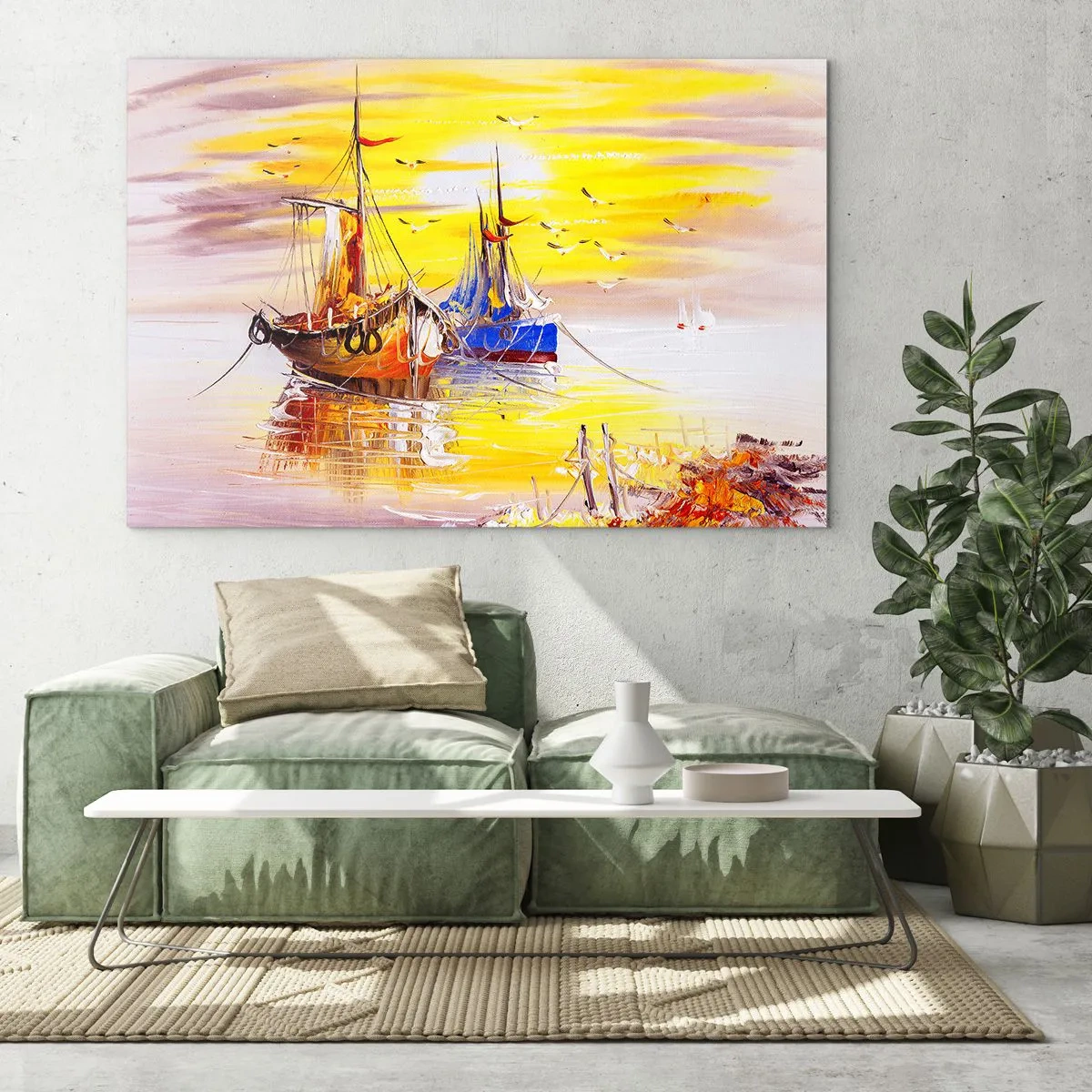 Obraz na szkle - Łodzie rybackie o zachodzie słońca na spokojnej wodzie - 70x50cm - Zasłużony odpoczynek w porcie - Nowoczesna dekoracja ścienna do salonu i sypialni ARTTOR