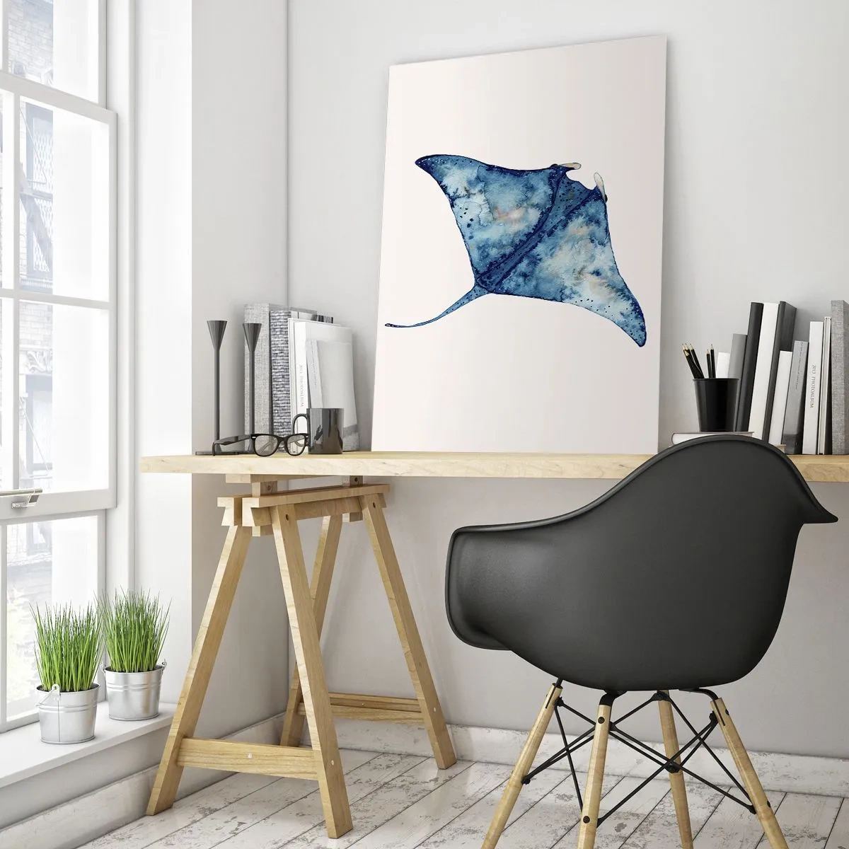 Obraz na szkle - Granatowa raja w akwarelowym stylu na białym tle - 50x70cm - Życie w błękicie - Nowoczesna dekoracja ścienna do salonu, kuchni i sypialni ARTTOR