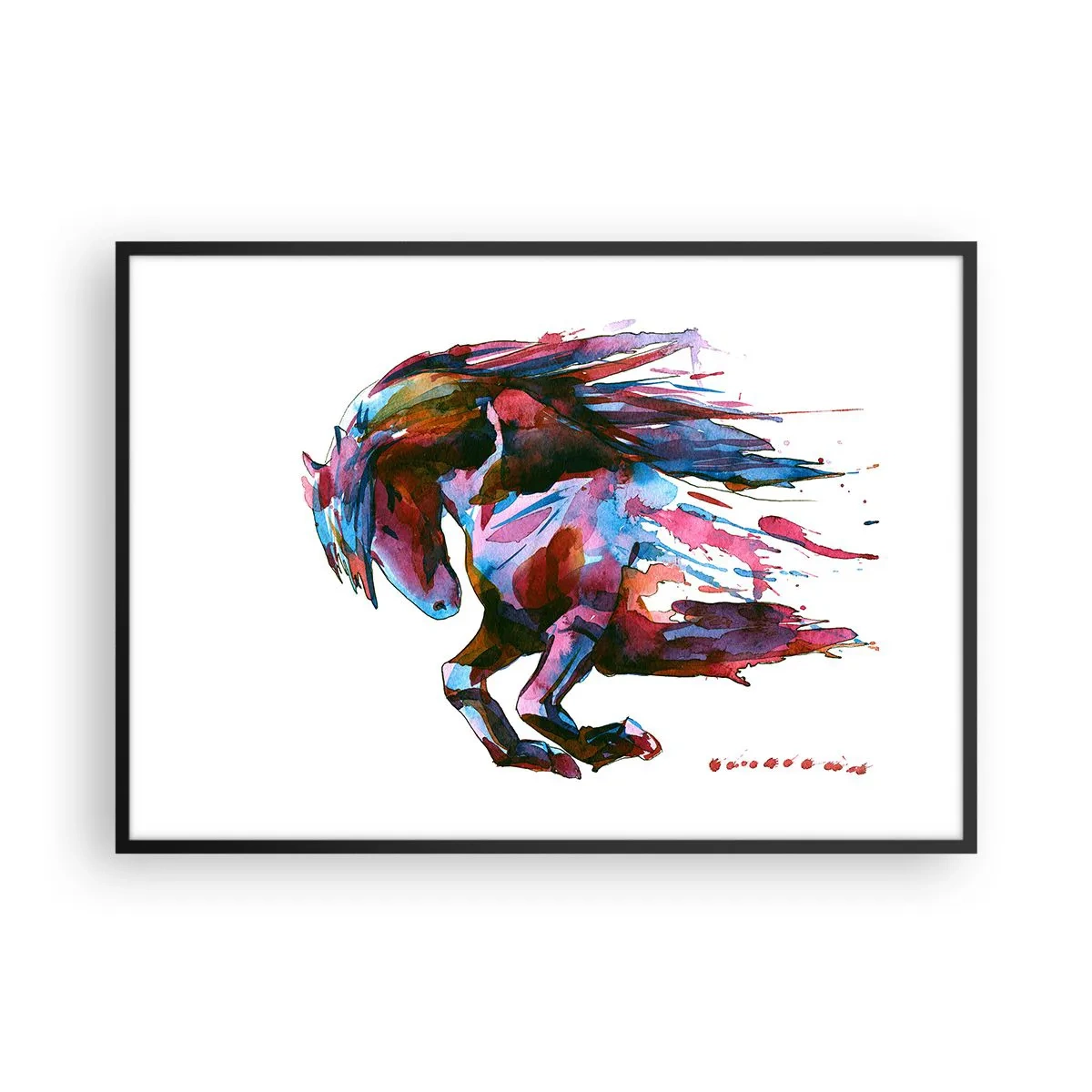 Plakat w czarnej ramie - Koń w dynamicznych abstrakcyjnych barwach symbolizujący wolność - 100x70cm - W uniesieniu - Nowoczesna dekoracja ścienna do salonu i sypialni ARTTOR