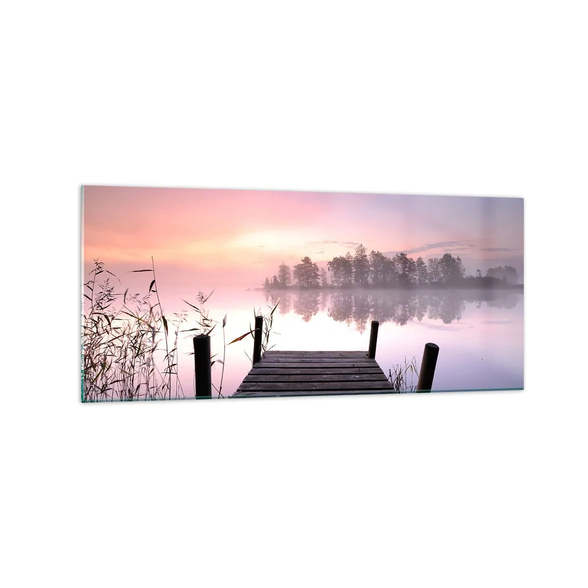 Obraz na szkle - Pomost nad jeziorem o świcie z mgłą i pastelowym niebem - 120x50cm - Z liliowej mgły... - Nowoczesna dekoracja ścienna do salonu i sypialni ARTTOR