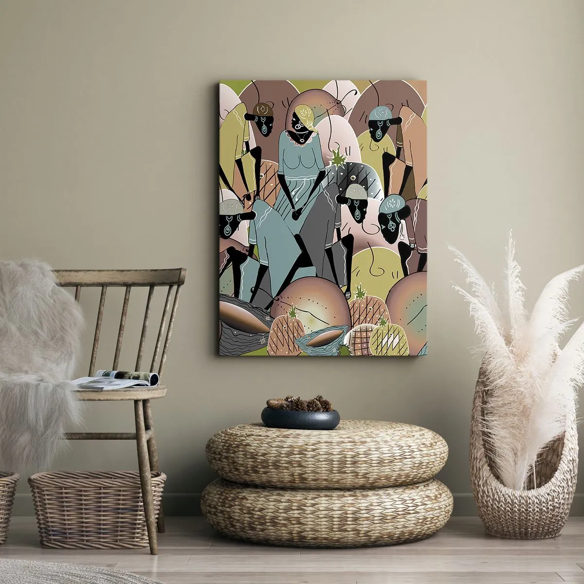 Obraz na płótnie - Abstrakcyjna kompozycja postaci w stylu art deco - 50x70cm - Nadchodzi wielkie święto - Nowoczesna dekoracja ścienna do salonu, kuchni i sypialni ARTTOR