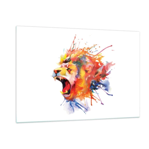 Obraz na szkle - Kolorowy lew w akwarelowym stylu na białym tle - 120x80cm - Wybuchnąć gniewem - Nowoczesna dekoracja ścienna do salonu, kuchni i sypialni ARTTOR