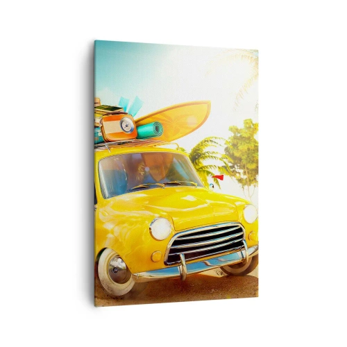 Obraz na płótnie - Żółty samochód z bagażami na tle tropikalnego krajobrazu - 70x100cm - Podróż po niejeden uśmiech - Nowoczesna dekoracja ścienna do salonu i sypialni ARTTOR
