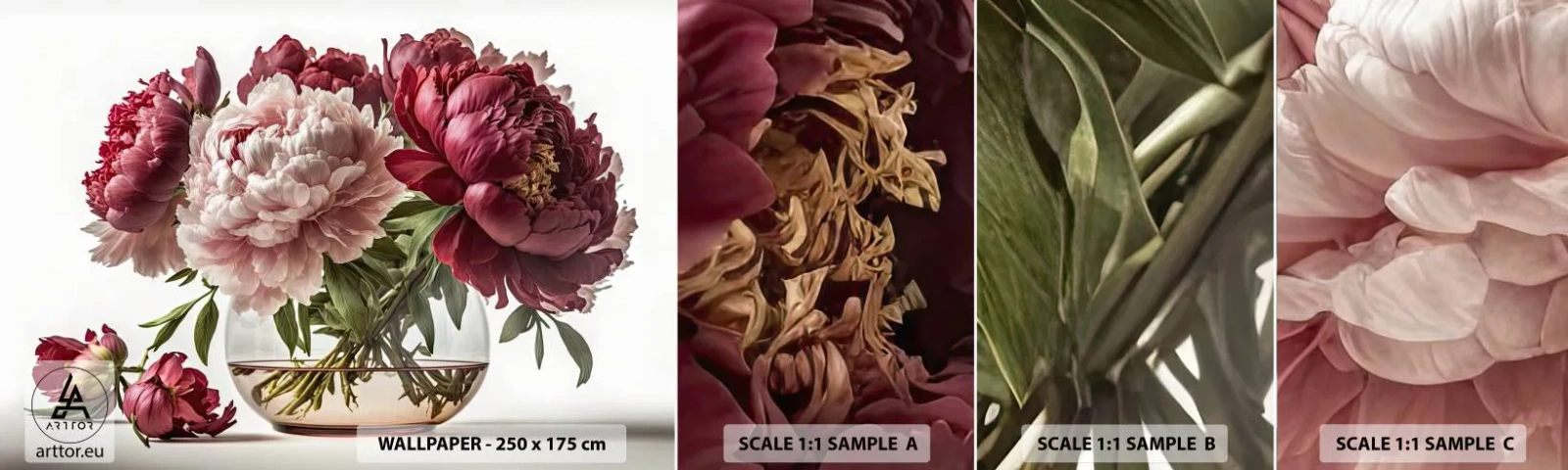 Fototapeta Próbka Samoprzylepna Deluxe Sticker - W pełnym rozkwicie urody - Bukiet Kwiatów, Wazon, Piwonie - 100x30 cm