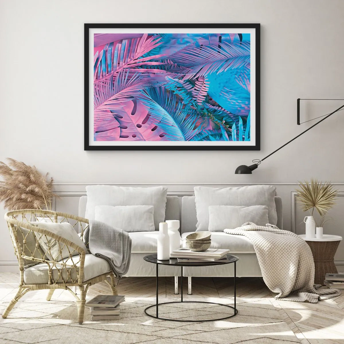 Plakat w czarnej ramie - Tropikalne liście w odcieniach różu i błękitu - 70x50cm - Tropiki w różu i błękicie - Nowoczesna dekoracja ścienna do salonu i sypialni ARTTOR